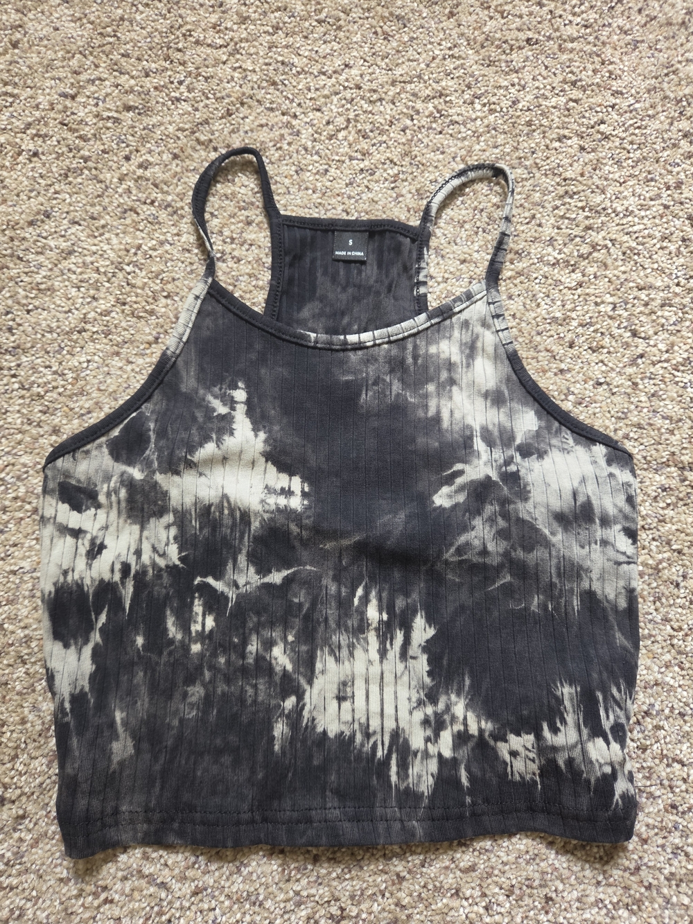 Tie-Dye Ribbed Cropped Tank Top - Black & Cream
